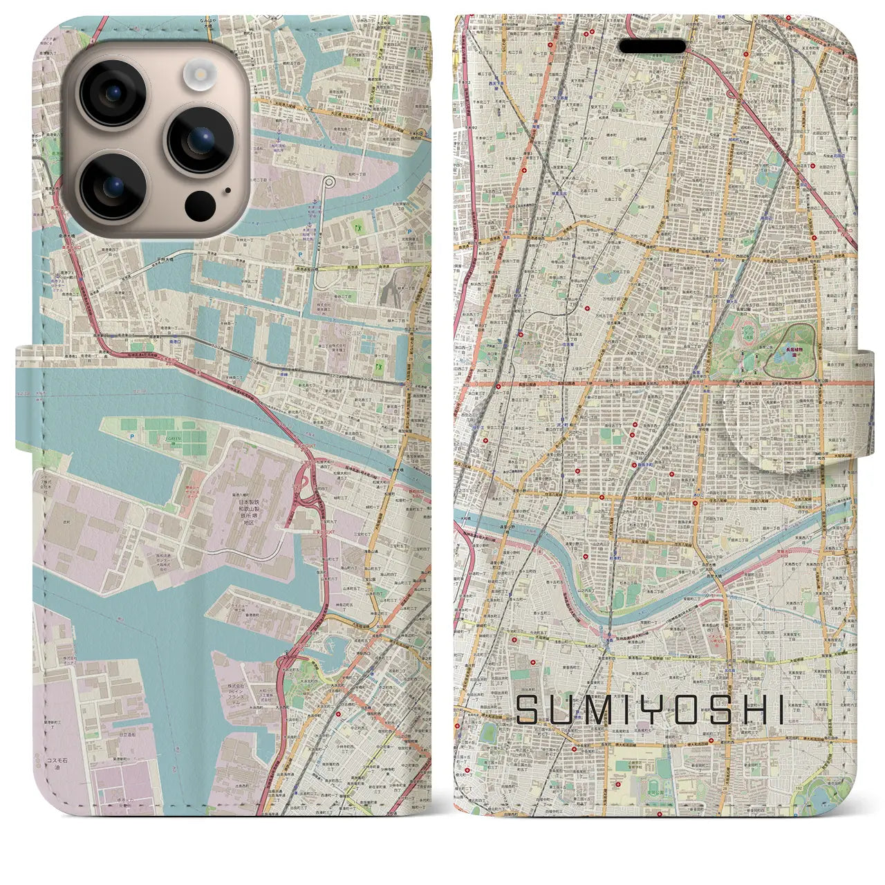 【住吉（大阪府）】地図柄iPhoneケース（手帳タイプ）ナチュラル・iPhone 16 Plus 用