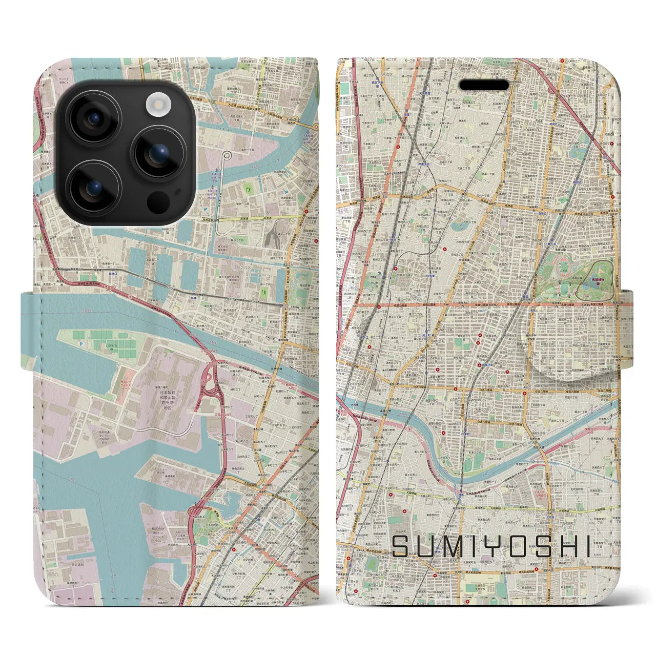 【住吉（大阪府）】地図柄iPhoneケース（手帳タイプ）ナチュラル・iPhone 16 用