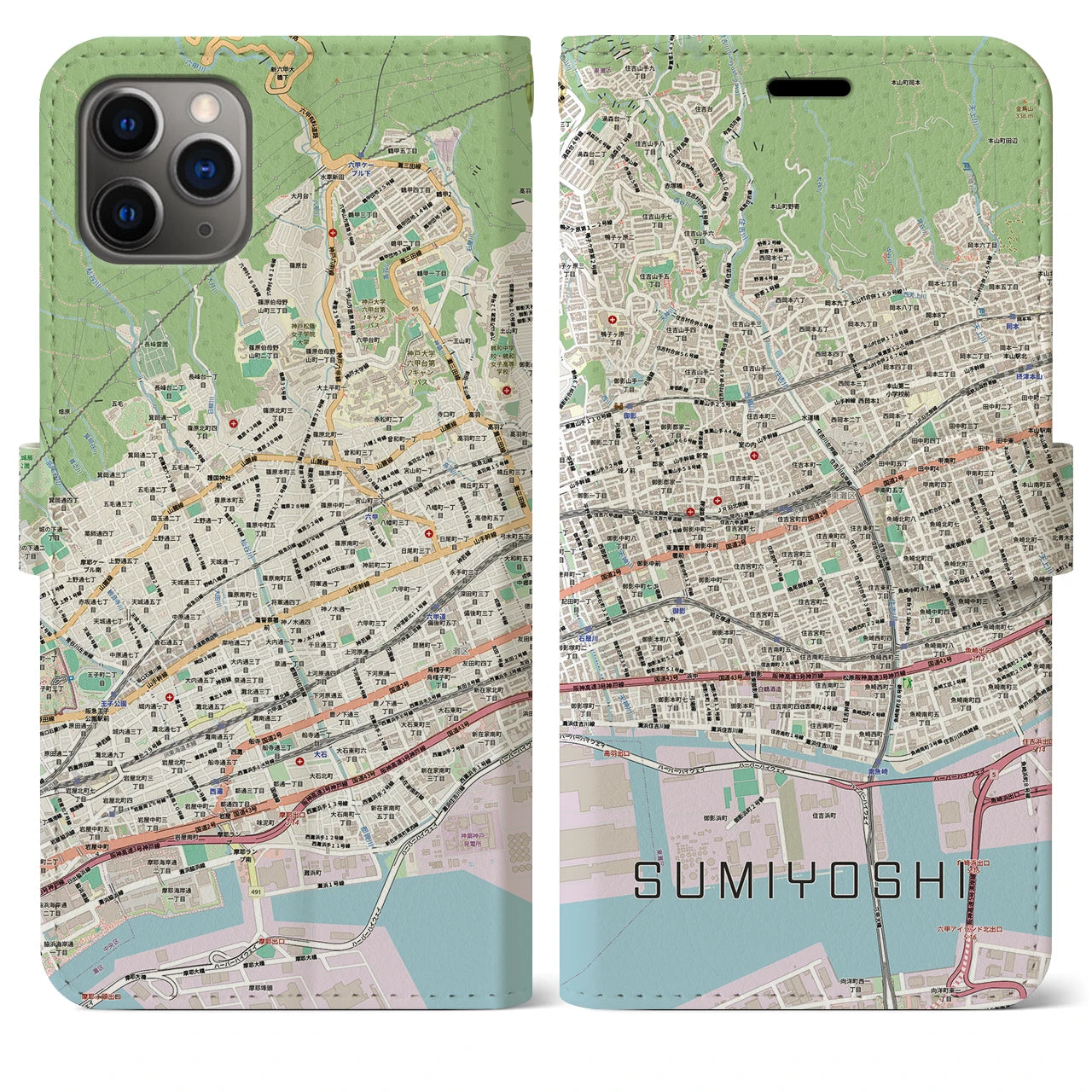 【住吉（兵庫県）】地図柄iPhoneケース（手帳タイプ）