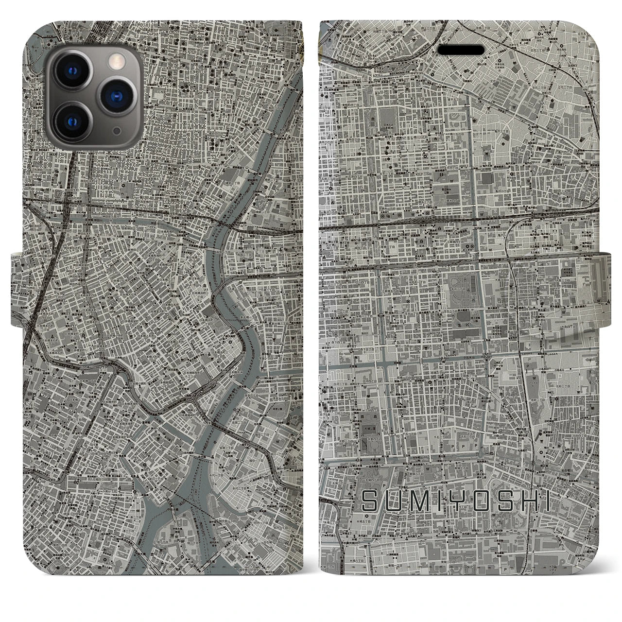 【住吉】地図柄iPhoneケース（手帳両面タイプ・モノトーン）iPhone 11 Pro Max 用