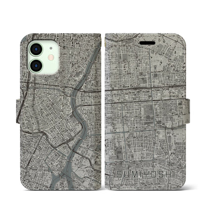 【住吉（東京都）】地図柄iPhoneケース（手帳タイプ）モノトーン・iPhone 12 mini 用