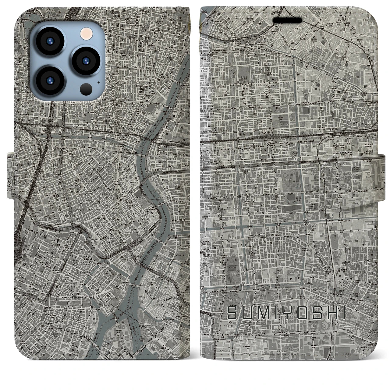 【住吉】地図柄iPhoneケース（手帳両面タイプ・モノトーン）iPhone 13 Pro Max 用