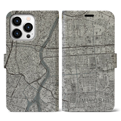 【住吉（東京都）】地図柄iPhoneケース（手帳タイプ）モノトーン・iPhone 13 Pro 用