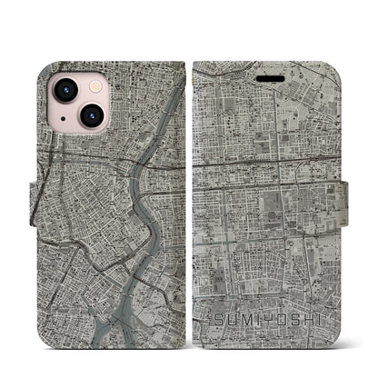 【住吉（東京都）】地図柄iPhoneケース（手帳タイプ）モノトーン・iPhone 13 mini 用