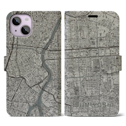 【住吉（東京都）】地図柄iPhoneケース（手帳タイプ）モノトーン・iPhone 14 用