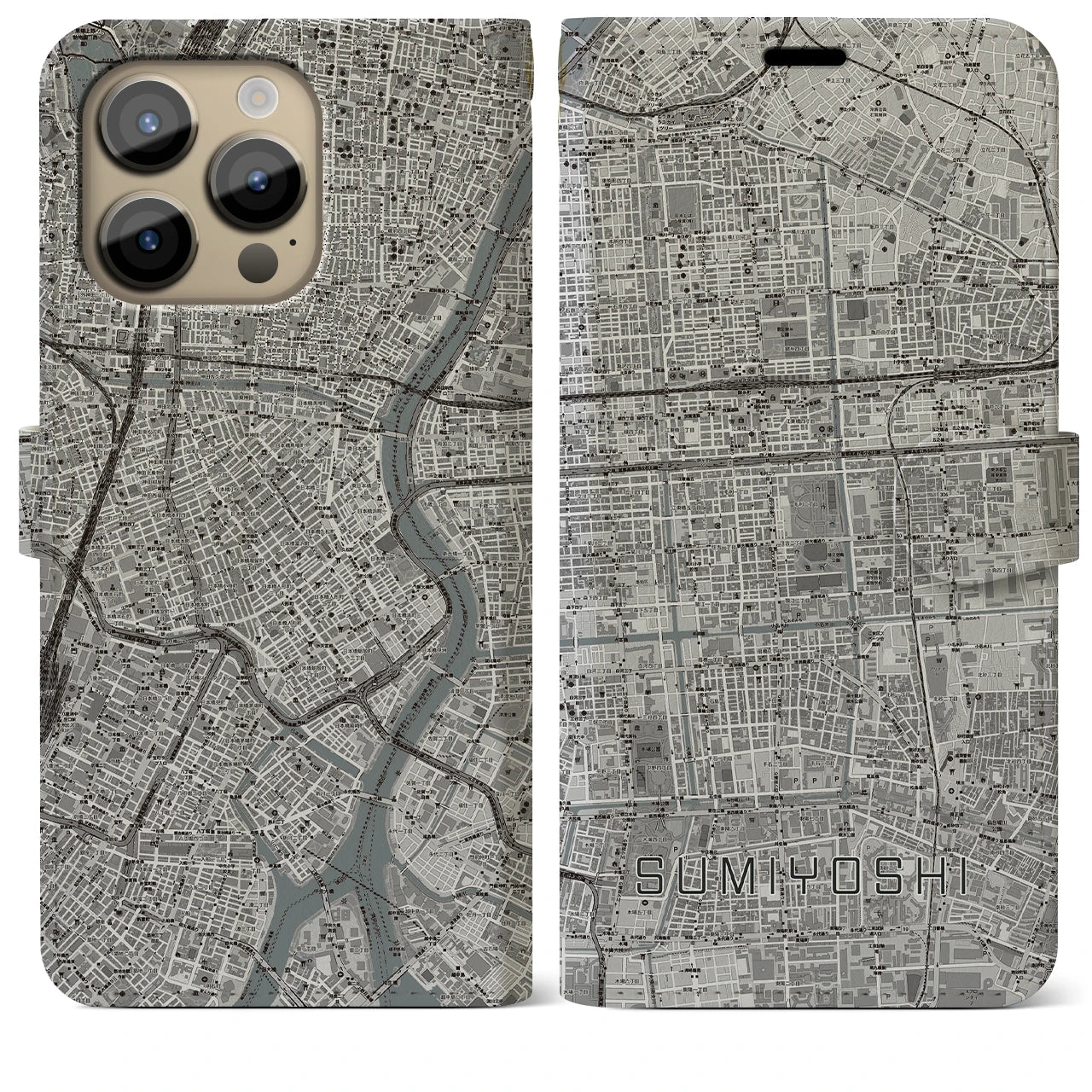 【住吉】地図柄iPhoneケース（手帳両面タイプ・モノトーン）iPhone 14 Pro Max 用
