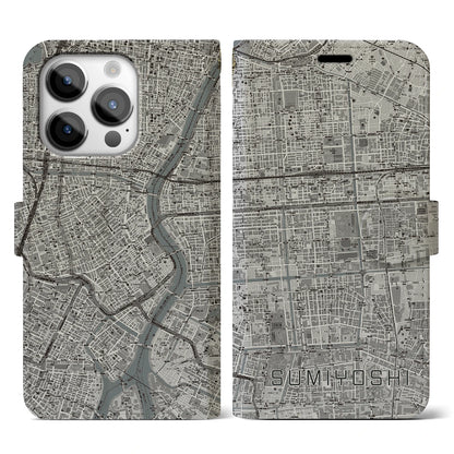【住吉（東京都）】地図柄iPhoneケース（手帳タイプ）モノトーン・iPhone 14 Pro 用