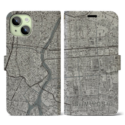 【住吉（東京都）】地図柄iPhoneケース（手帳タイプ）モノトーン・iPhone 15 用