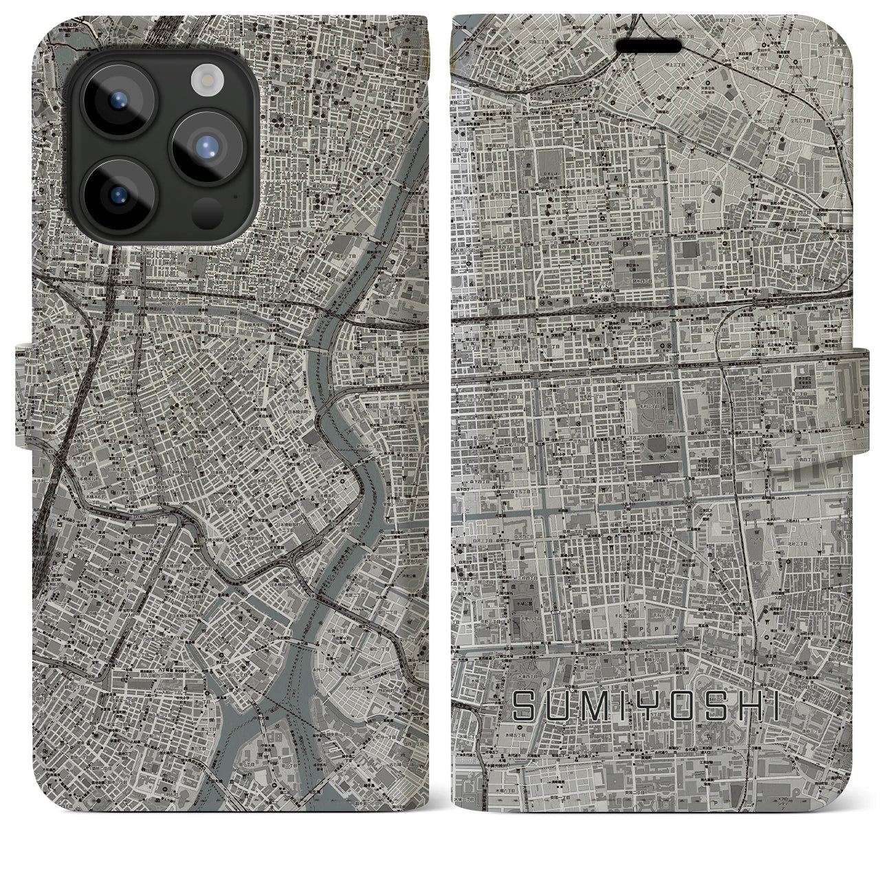 【住吉】地図柄iPhoneケース（手帳両面タイプ・モノトーン）iPhone 15 Pro Max 用