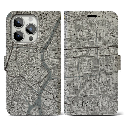 【住吉（東京都）】地図柄iPhoneケース（手帳タイプ）モノトーン・iPhone 15 Pro 用