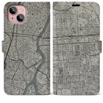 【住吉（東京都）】地図柄iPhoneケース（手帳タイプ）モノトーン・iPhone 15 Plus 用