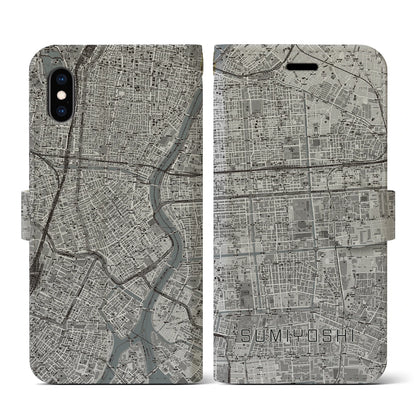 【住吉（東京都）】地図柄iPhoneケース（手帳タイプ）モノトーン・iPhone XS / X 用
