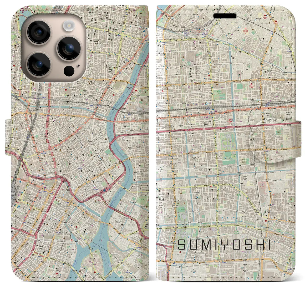 【住吉（東京都）】地図柄iPhoneケース（手帳タイプ）ナチュラル・iPhone 16 Plus 用