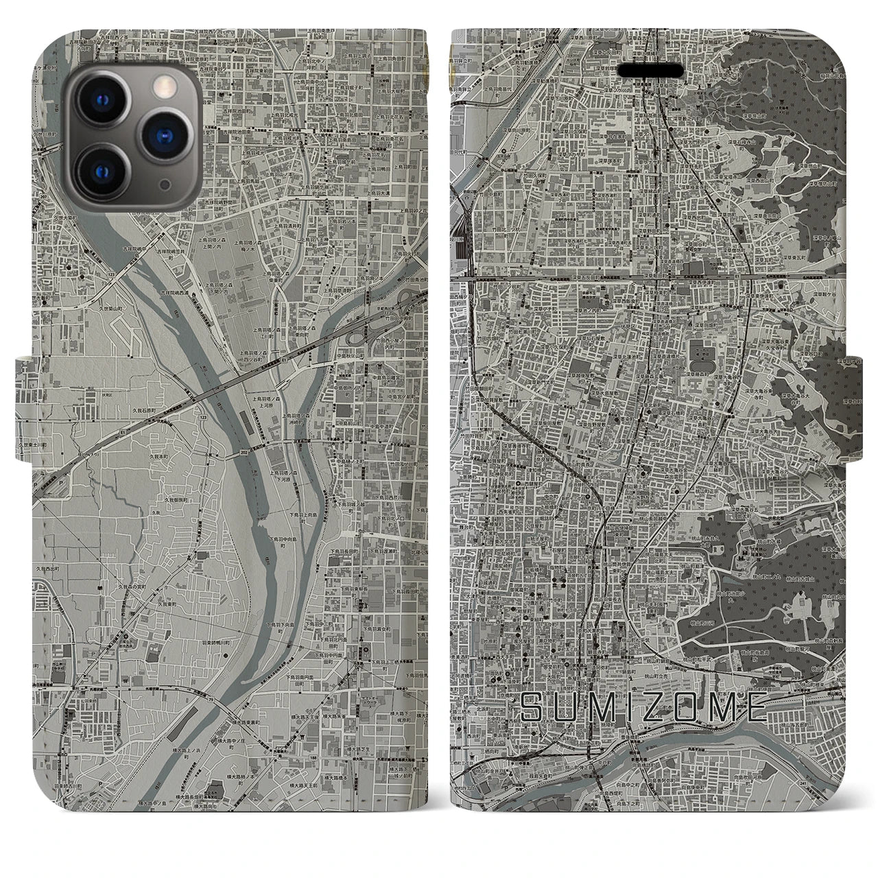【墨染】地図柄iPhoneケース（手帳両面タイプ・モノトーン）iPhone 11 Pro Max 用
