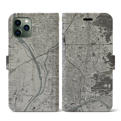 【墨染（京都府）】地図柄iPhoneケース（手帳タイプ）モノトーン・iPhone 11 Pro 用