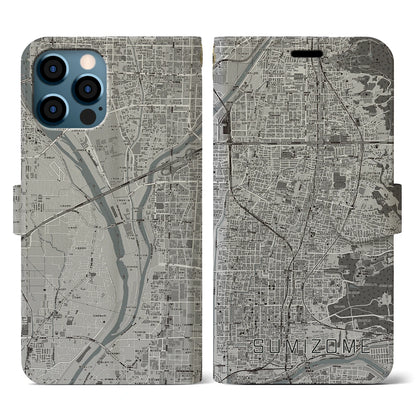 【墨染（京都府）】地図柄iPhoneケース（手帳タイプ）モノトーン・iPhone 12 / 12 Pro 用