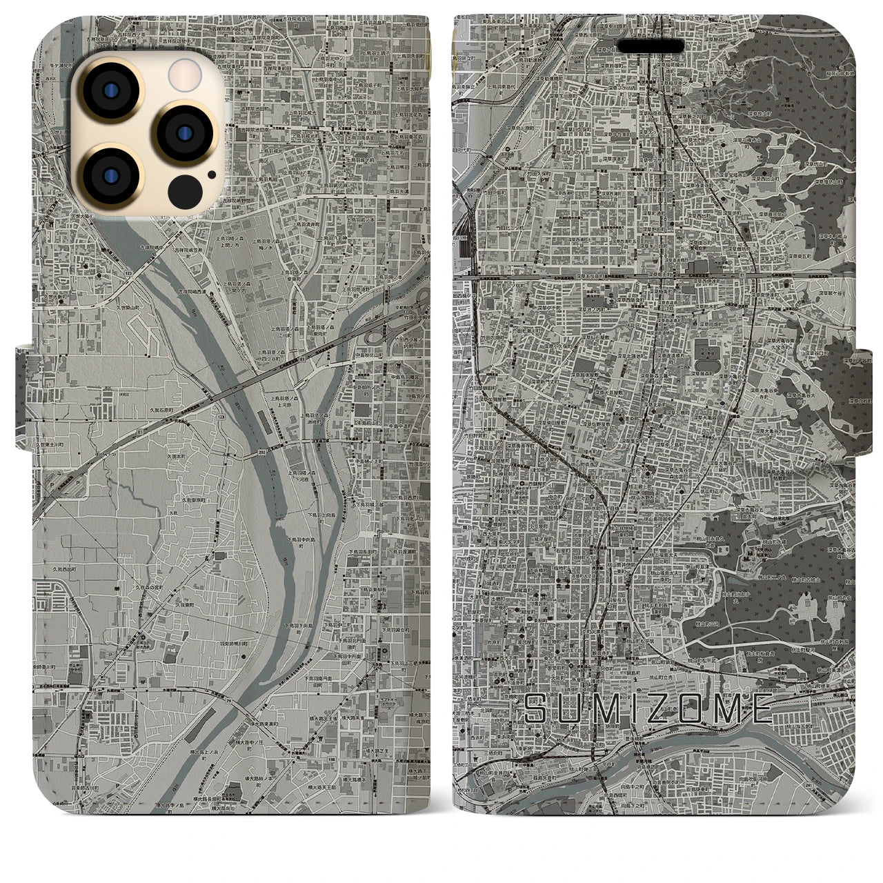 【墨染】地図柄iPhoneケース（手帳両面タイプ・モノトーン）iPhone 12 Pro Max 用