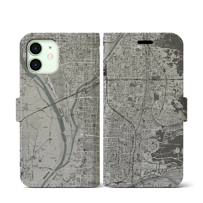 【墨染（京都府）】地図柄iPhoneケース（手帳タイプ）モノトーン・iPhone 12 mini 用