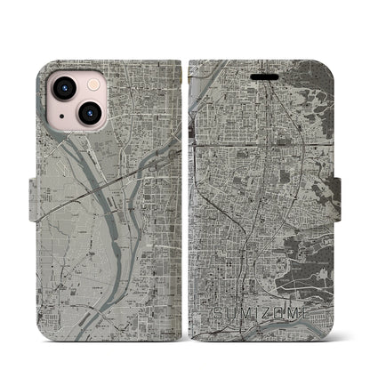 【墨染（京都府）】地図柄iPhoneケース（手帳タイプ）モノトーン・iPhone 13 mini 用