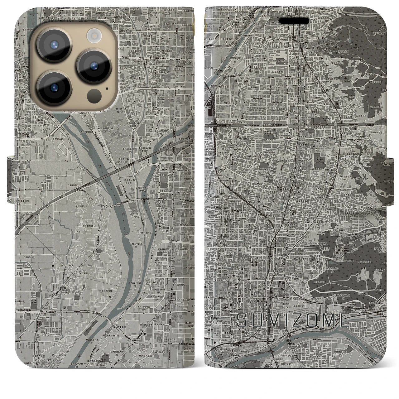 【墨染】地図柄iPhoneケース（手帳両面タイプ・モノトーン）iPhone 14 Pro Max 用