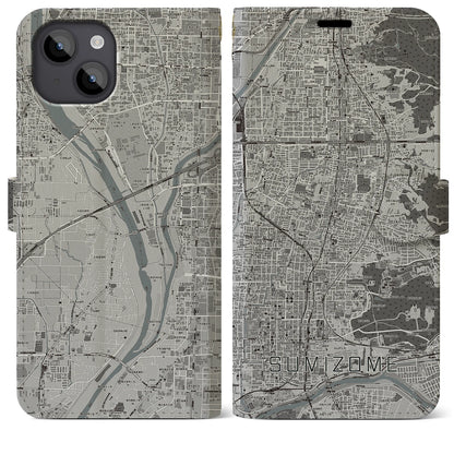 【墨染（京都府）】地図柄iPhoneケース（手帳タイプ）モノトーン・iPhone 14 Plus 用