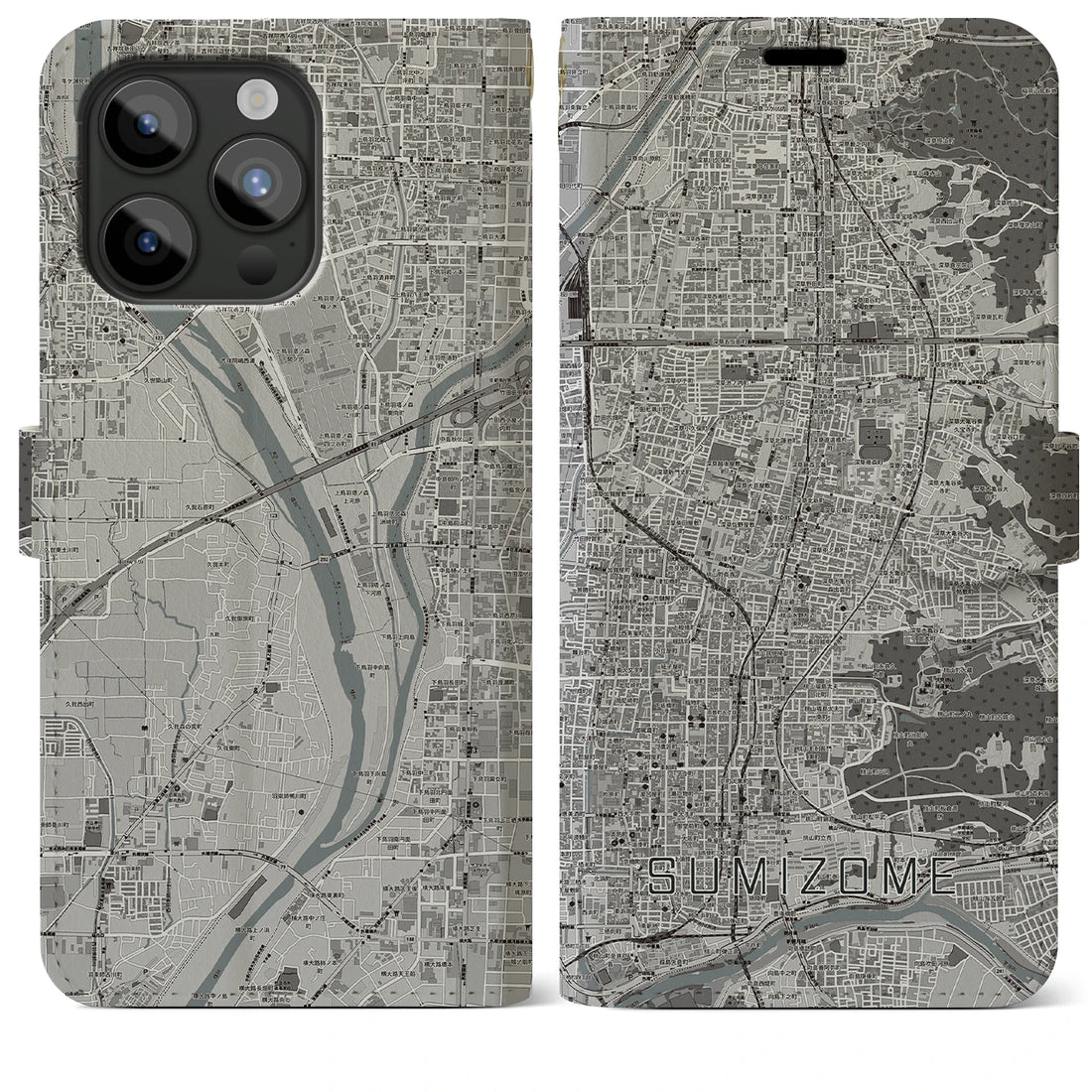【墨染】地図柄iPhoneケース（手帳両面タイプ・モノトーン）iPhone 15 Pro Max 用