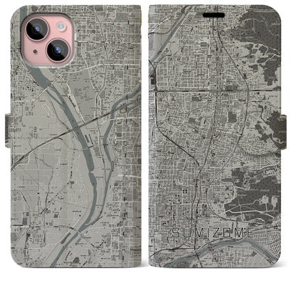 【墨染（京都府）】地図柄iPhoneケース（手帳タイプ）モノトーン・iPhone 15 Plus 用