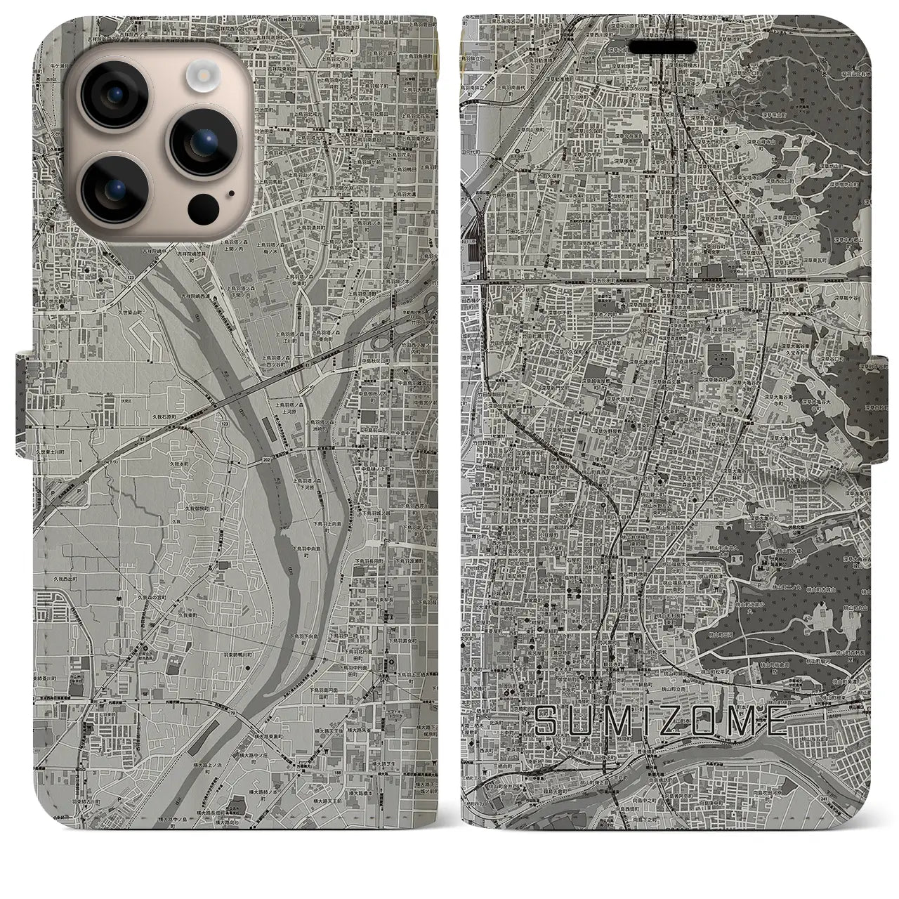 【墨染（京都府）】地図柄iPhoneケース（手帳タイプ）モノトーン・iPhone 16 Plus 用