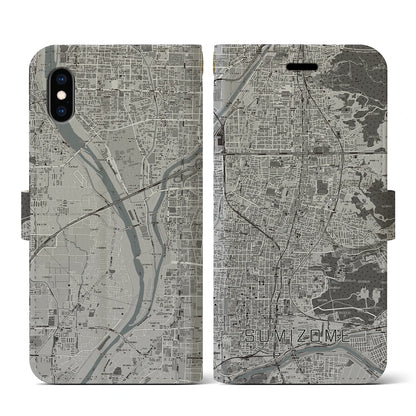 【墨染（京都府）】地図柄iPhoneケース（手帳タイプ）モノトーン・iPhone XS / X 用