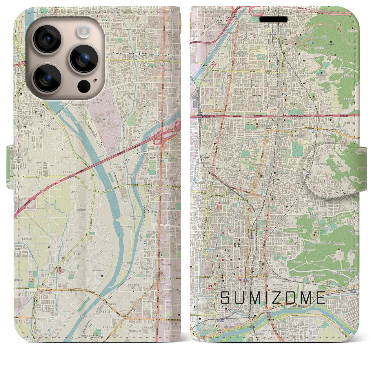 【墨染（京都府）】地図柄iPhoneケース（手帳タイプ）ナチュラル・iPhone 16 Plus 用