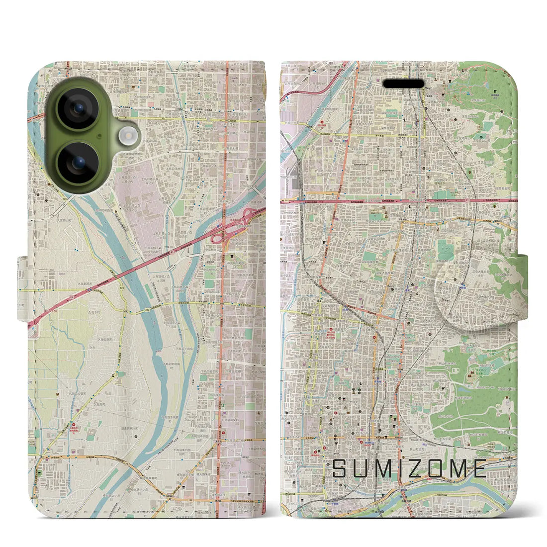 【墨染（京都府）】地図柄iPhoneケース（手帳タイプ）ナチュラル・iPhone 17 Pro Max 用