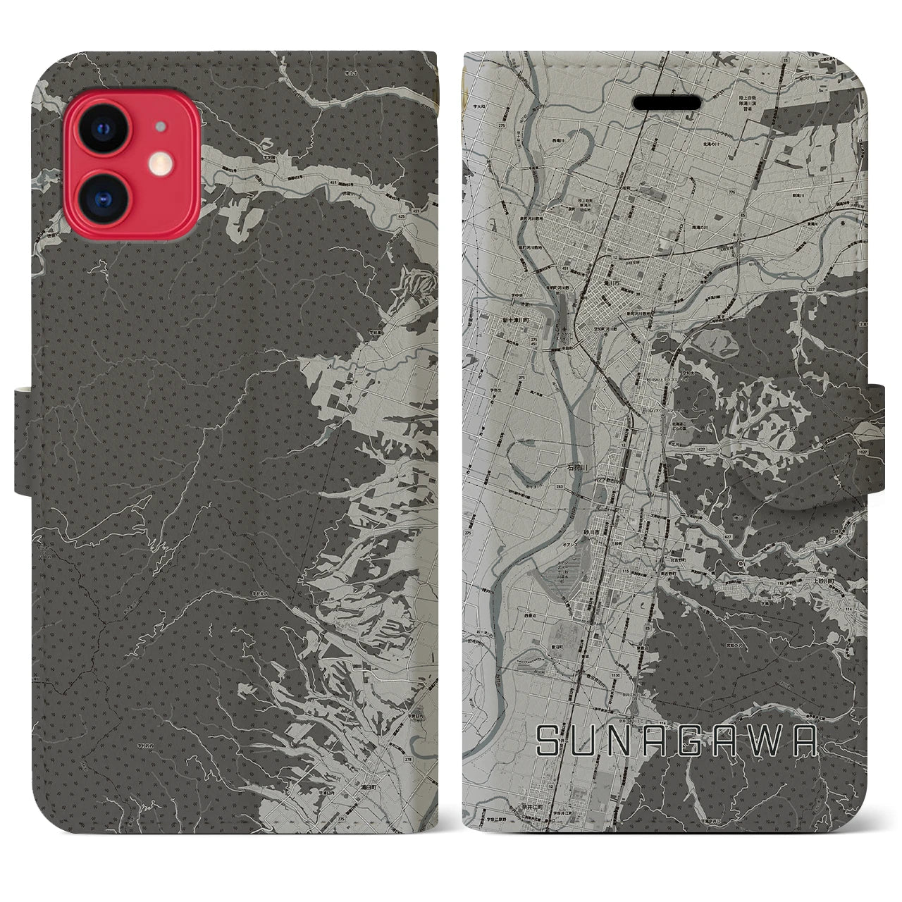 【砂川】地図柄iPhoneケース（手帳両面タイプ・モノトーン）iPhone 11 用