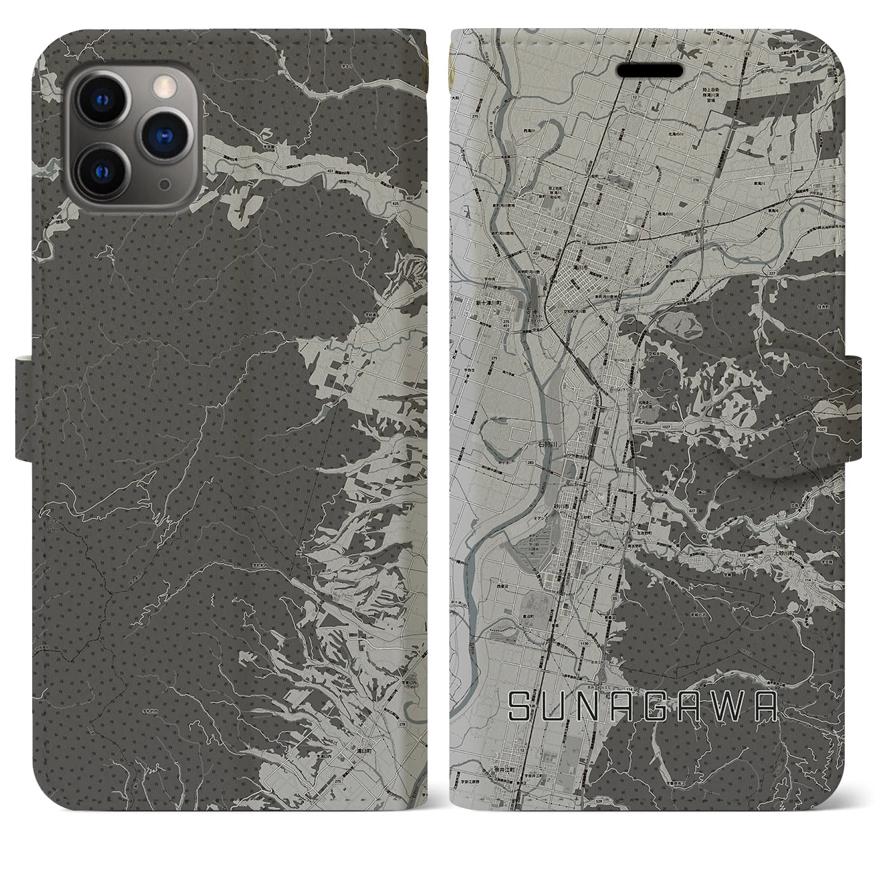 【砂川】地図柄iPhoneケース（手帳両面タイプ・モノトーン）iPhone 11 Pro Max 用