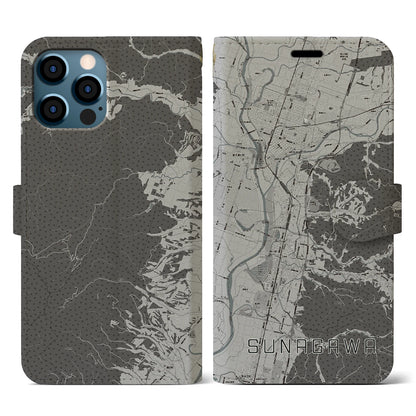 【砂川（北海道）】地図柄iPhoneケース（手帳タイプ）モノトーン・iPhone 12 / 12 Pro 用