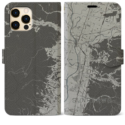 【砂川（北海道）】地図柄iPhoneケース（手帳タイプ）モノトーン・iPhone 12 Pro Max 用