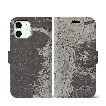 【砂川（北海道）】地図柄iPhoneケース（手帳タイプ）モノトーン・iPhone 12 mini 用