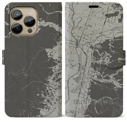 【砂川（北海道）】地図柄iPhoneケース（手帳タイプ）モノトーン・iPhone 14 Pro Max 用
