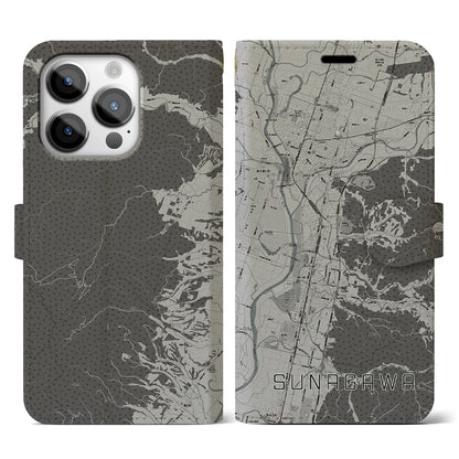 【砂川（北海道）】地図柄iPhoneケース（手帳タイプ）モノトーン・iPhone 14 Pro 用