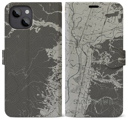 【砂川（北海道）】地図柄iPhoneケース（手帳タイプ）モノトーン・iPhone 14 Plus 用