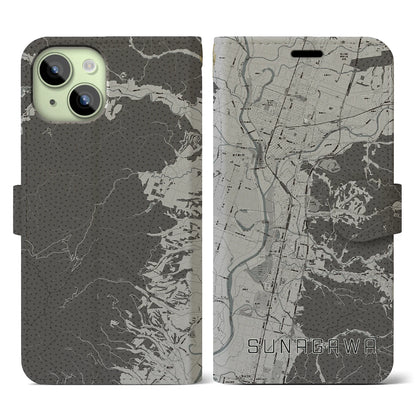 【砂川（北海道）】地図柄iPhoneケース（手帳タイプ）モノトーン・iPhone 15 用