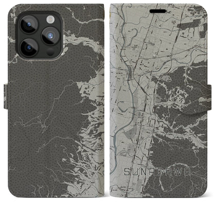 【砂川（北海道）】地図柄iPhoneケース（手帳タイプ）モノトーン・iPhone 15 Pro Max 用