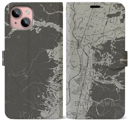 【砂川（北海道）】地図柄iPhoneケース（手帳タイプ）モノトーン・iPhone 15 Plus 用