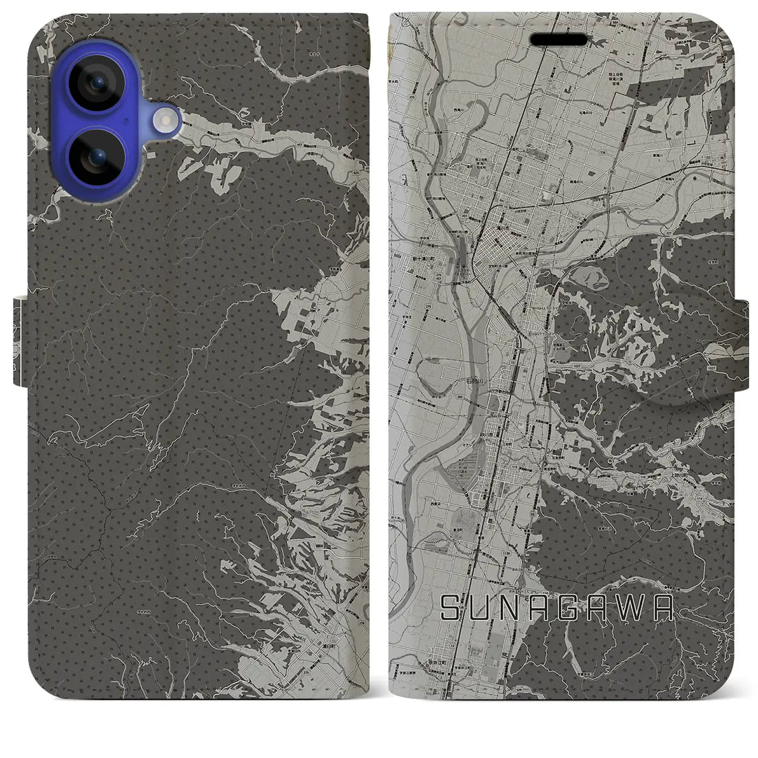 【砂川(北海道)】地図柄iPhoneケース(手帳タイプ)モノトーン・iPhone 16 Pro Max 用