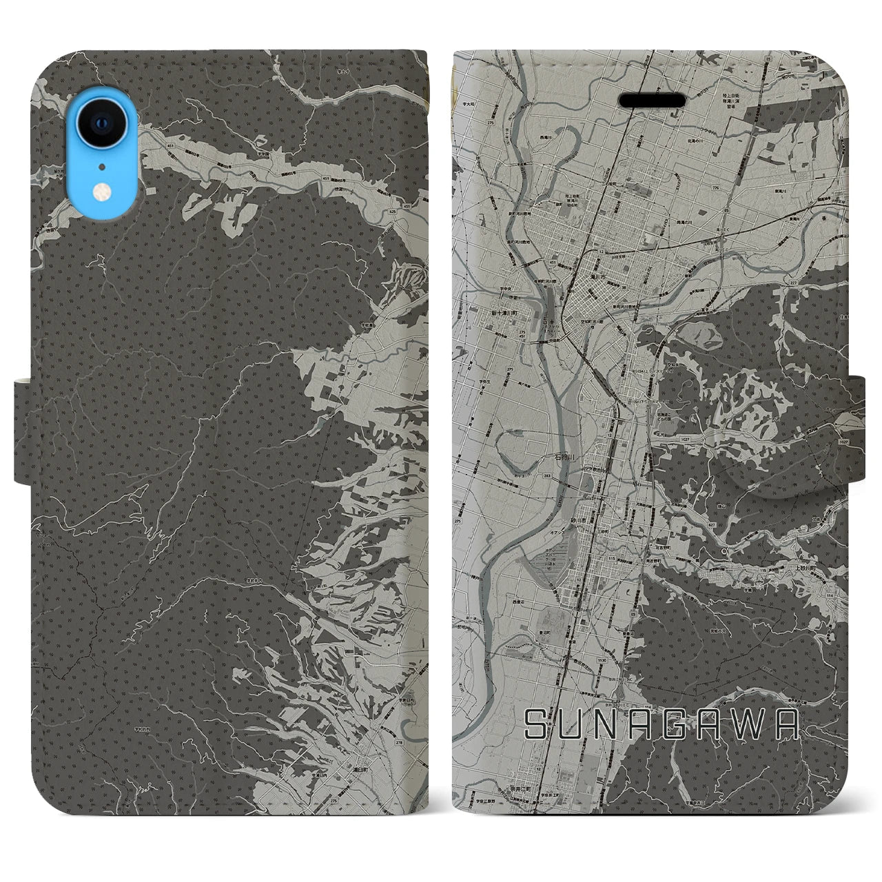 【砂川】地図柄iPhoneケース（手帳両面タイプ・モノトーン）iPhone XR 用
