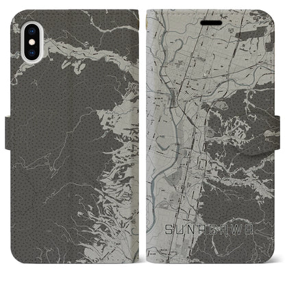 【砂川（北海道）】地図柄iPhoneケース（手帳タイプ）モノトーン・iPhone XS Max 用