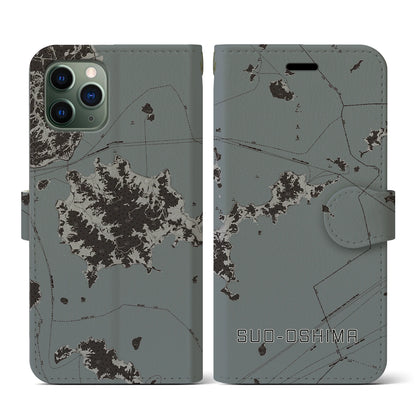 【周防大島（山口県）】地図柄iPhoneケース（手帳タイプ）モノトーン・iPhone 11 Pro 用