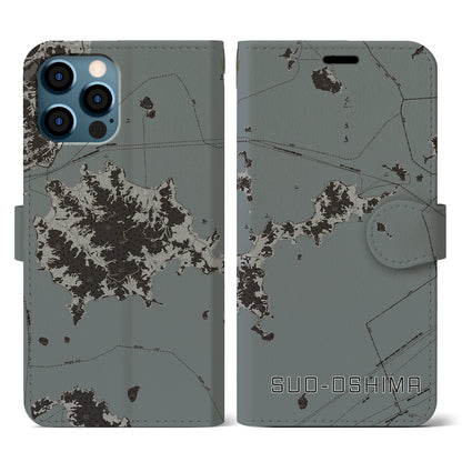 【周防大島（山口県）】地図柄iPhoneケース（手帳タイプ）モノトーン・iPhone 12 / 12 Pro 用