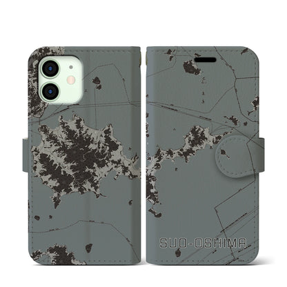 【周防大島（山口県）】地図柄iPhoneケース（手帳タイプ）モノトーン・iPhone 12 mini 用