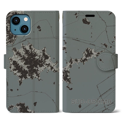 【周防大島（山口県）】地図柄iPhoneケース（手帳タイプ）モノトーン・iPhone 13 用