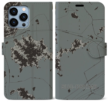 【周防大島（山口県）】地図柄iPhoneケース（手帳タイプ）モノトーン・iPhone 13 Pro Max 用